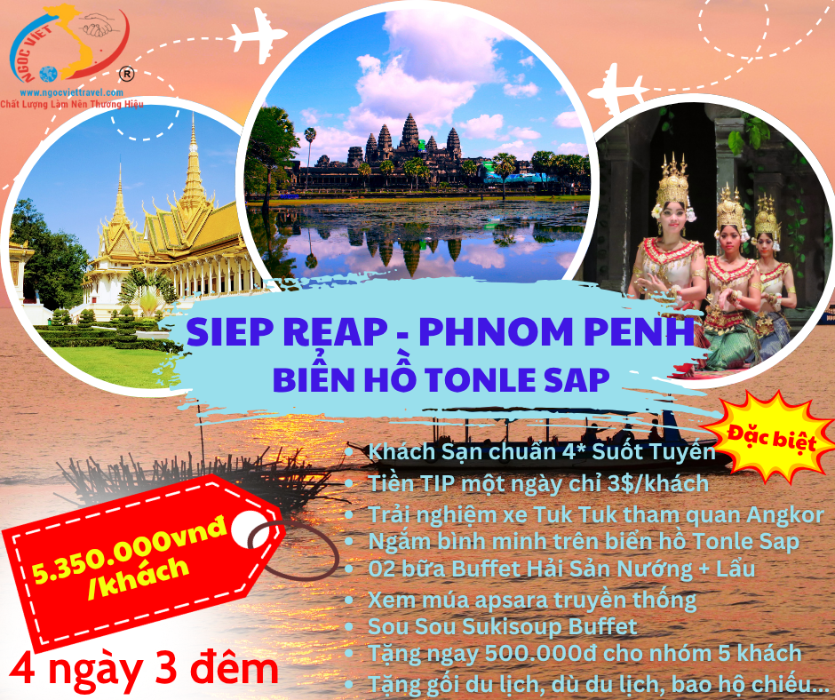 TOUR CAMPUCHIA, SIEM REAP - PHNOM PENH - BIỂN HỒ TONLE SAP - XE LIMOUSINE, KS 4 SAO